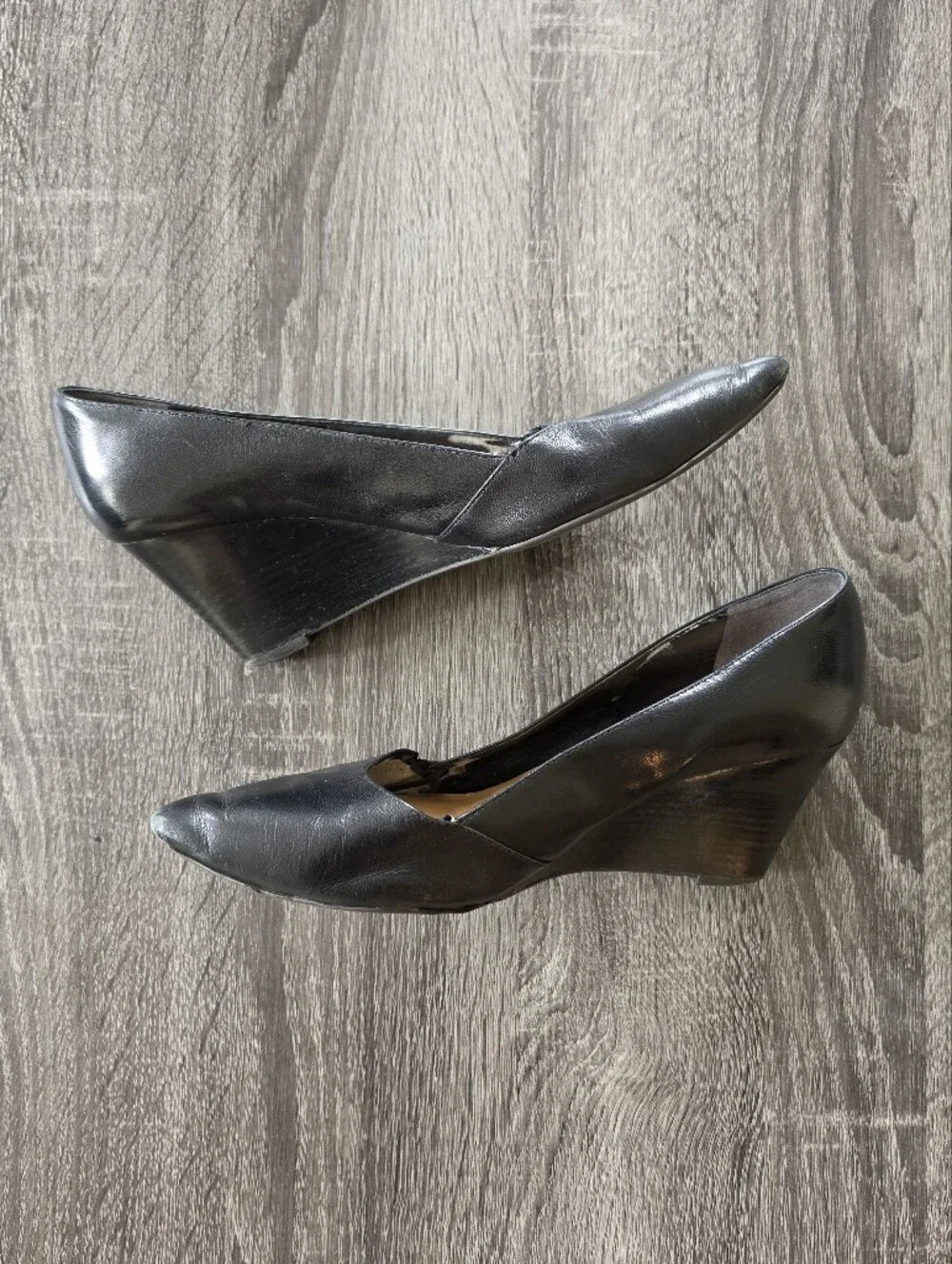 Franco Sarto Frankie Black Leather Pointed Toe Wedge Pumps